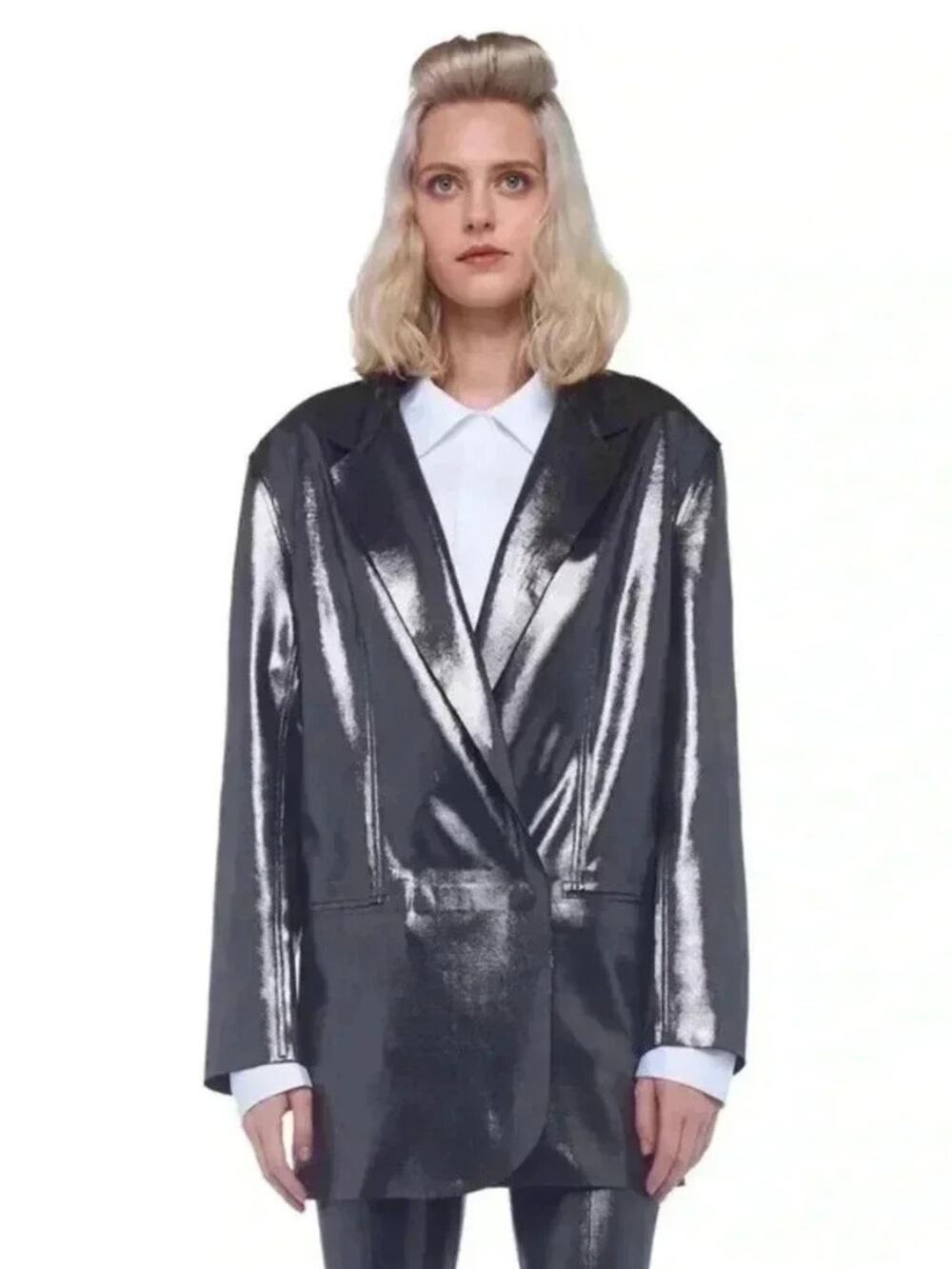 Norma Kamali Oversized Double Breasted Jacket in Metallic Gunmetal Size XS